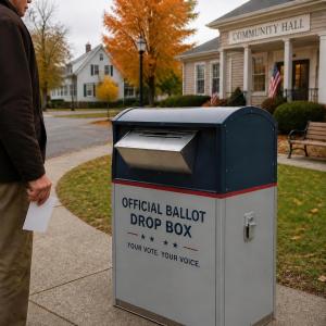 AI generated image of a man standing next to an outdoor ballot deposit box. (Source: Canva)