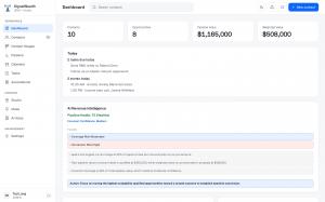 SignalWealth CRM dashboard showing contact and opportunity counts, pipeline value, today's tasks and meetings, and an AI pipeline health panel with sample data.