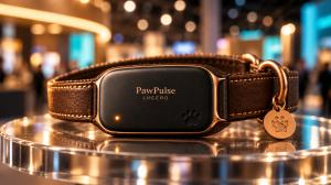 PawPulse Lucero collar with a black face, copper trim and brown leather strap on a clear pedestal against a blurred expo hall.