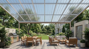 VULCAN Prisma Roma clear polycarbonate pergola roof diffusing daylight over a backyard patio