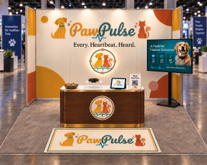 PawPulse’s branded CES booth with smart collar displays, a screen, a wood counter and a floor mat