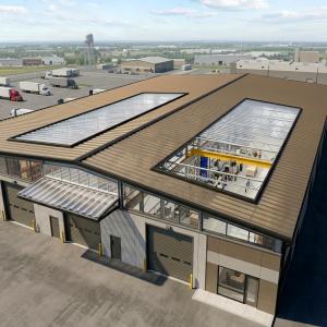 VULCAN Prisma Roma polycarbonate skylights and canopy on an industrial warehouse roof