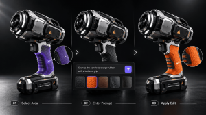 Three-step illustration of a 3D power tool: select its handle area, enter a texture prompt and apply an orange textured finish.