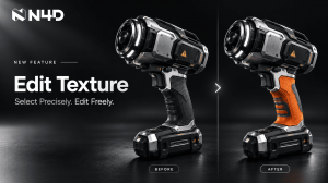 Before-and-after illustration of a 3D power tool model whose handle changes from black to orange with Edit Texture.