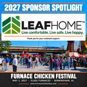 Leaf Home 2027 Sponsor Spotlight graphic for the Furnace Chicken Festival, with the Leaf Home logo above a photo of festival crowds and food trucks.