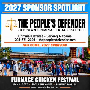 The People's Defender, JB Brown Criminal Trial Practice, 2027 Sponsor Spotlight graphic for the Furnace Chicken Festival, with the firm's scales of justice logo above a photo of festival crowds and food trucks.