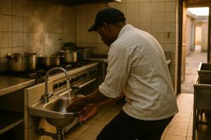 A cook washes his hands at a dedicated stainless hand wash basin near the back door of a takeaway kitchen in Benoni.