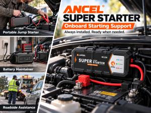 ANCEL BS200 Super Starter installed in a vehicle engine bay, compared with a portable jump starter, battery maintainer, and roadside assistance.