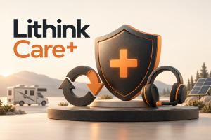 Lithink Care+ als Serviceillustration mit Schutzschild, Rückgabepfeilen und Support-Headset.