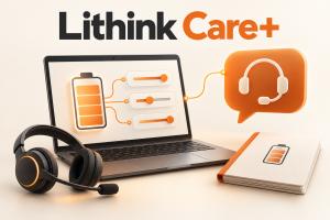 Symbolillustration zum technischen Support von Lithink Care+ mit Laptop, Batteriesymbol, Handbuch und Headset.