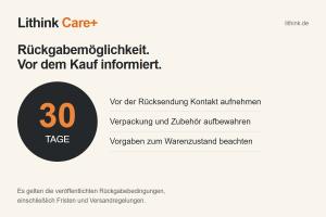 Die 30-tägige Rückgabemöglichkeit von Lithink Care+ mit Hinweisen zu Kontaktaufnahme, Verpackung und Warenzustand.
