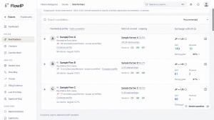 FlowIP Find Partners interface showing example overseas firm candidates, filing activity and cross-border connections.