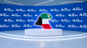 Kuwait map in the colours of the Kuwaiti flag on a stage in front of a DTS Solution branded backdrop, for DTS Solution penetration testing and VAPT services in Kuwait