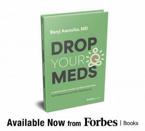 Book cover of "Drop Your Meds" by Banji Awosika, MD; book launch announcement.