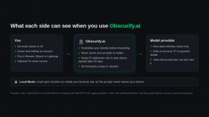 Diagram of what the user, Obscurify.ai and the AI model provider each see when someone uses Obscurify.ai