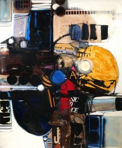 Large mixed media and collage on canvas by Kazuya Sakai (Japanese/Argentine, 1927-2001), titled New York II (1964), an abstract composition, 59 inches by 49 inches. Sold for $86,100