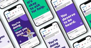 Several smartphone screens showing Family Legal Care social media ads with messages including “You’re Doing Better Than You Think,” “You Deserve to Be Heard” and “It’s Okay to Ask for Help.”