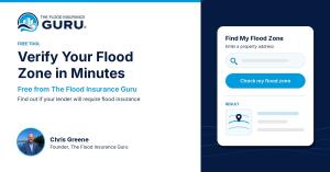 Graphic reading 'Verify Your Flood Zone in Minutes, Free from The Flood Insurance Guru' with a Find My Flood Zone address search card, The Flood Insurance Guru logo, and a photo of founder Chris Greene.