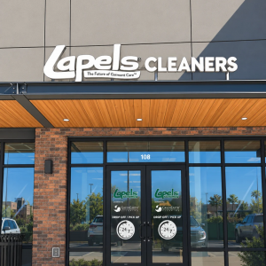 Rendering of Lapels Cleaners Storefront in Mesa Arizona including 24/7 logo.