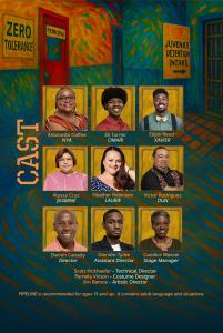 This flyer features headshots of the cast members performing Pipeline in Topeka, as well as the production's director, assistant director and stage manager.