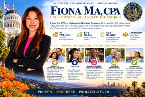 Profile graphic featuring Fiona Ma, the California State Capitol, and information about public finance and community programs.