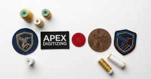 Five custom embroidered patches on white surface showing various patch styles including flat embroidery, leather, and PVC designs by Apex Digitizing