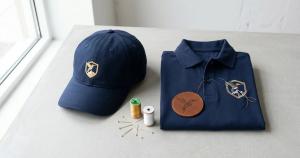 Navy embroidered cap and polo shirt with custom logo patches showing Apex Digitizing embroidery digitizing services for apparel and headwear