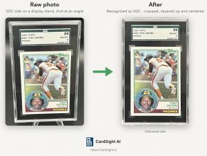 Example of CardMagic processing an image of a graded slab at an angle to produce a clean, squared, ready to list image for eBay, CollX, or anohter online marketplace