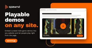 Spawnd banner reading “Playable demos on any site,” with a browser mockup of an article page embedding an Echo Weaver game demo with a play button and “Play now” link, plus the spawnd.gg link.