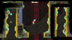 Echo Weaver gameplay screenshot of a white-haired character running along a curved cavern slope, with a wall of glowing blue spikes, a teal crystal, yellow slime-coated walls, and red vertical laser tracks in the background.