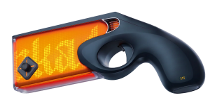 Side profile of the black Arkade Gaming Gun highlighting the 1,600-LED barrel displaying a glowing orange digital skull skin and built-in thumbstick.