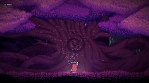 Onikura gameplay screenshot of a tiny red-haired swordsman holding a blade aloft before a colossal purple tree with a spiral-marked trunk, drifting glowing particles, and a carpet of fallen blossoms in pixel art.