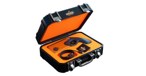 The Arkade Gaming Gun, USB-C charging cable, and instruction booklet secured inside a premium black tactical hard case with custom orange protective foam.