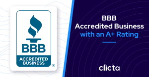 BBB Accredited Business seal next to text reading BBB Accredited Business with an A+ Rating and the Clicta logo, Denver SEO and digital marketing agency