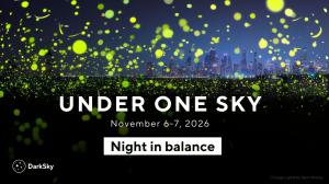 Promotional graphic for DarkSky International’s Under One Sky 2026 virtual conference, November 6–7, themed “Night in balance.” Hundreds of glowing yellow-green fireflies illuminate a dark field against the Chicago skyline at dusk. Photo by Gerri Whitley.