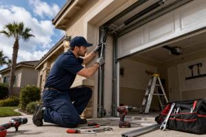 Emergency garage door repair technician inspecting a residential garage door in Santa Clarita CA.