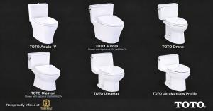 Six white TOTO toilets on a dark background, labeled Aquia IV, Aurora, Drake, Glaston, UltraMax and UltraMax Low Profile, with ToiletKing and TOTO logos.