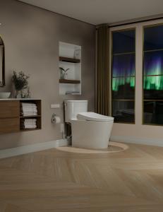 White TOTO Aurora toilet with optional WASHLET bidet seat beside a floating wood vanity and windows overlooking northern lights.