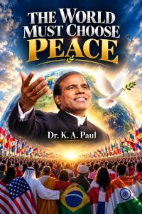Dr. K. A. Paul stands before a glowing Earth and diverse international crowd with flags and a white dove, symbolizing a global call to choose peace over war.