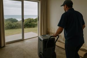 A Coastline Hire team member wheels an industrial dehumidifier into a storm-damaged guesthouse room in Gonubie.