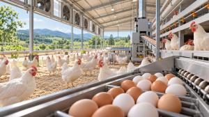 White hens inside a modern poultry house, with brown and white eggs moving along a collection conveyor in the foreground.