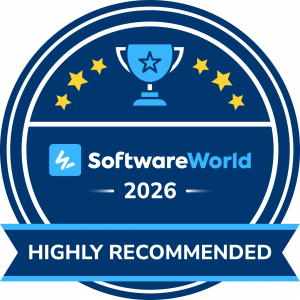 SoftwareWorld Highly Recommended 2026 badge: a trophy and gold stars above the SoftwareWorld logo, the year 2026 and a Highly Recommended ribbon.