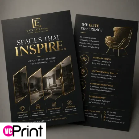 Black promotional brochures featuring luxury interior design imagery and text
