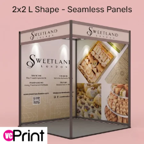 Sweetland promotional display featuring product images and branded panels