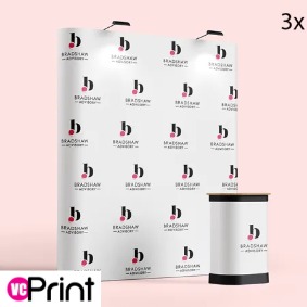Repeated brand logos displayed on a printed backdrop with a matching counter