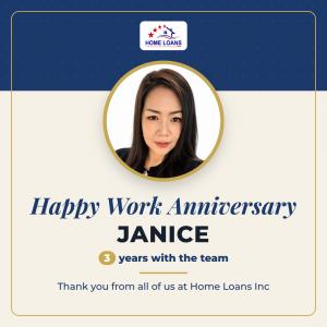 Happy work anniversary card for Janice Manantan, Agency Administrator at Home Loans Inc