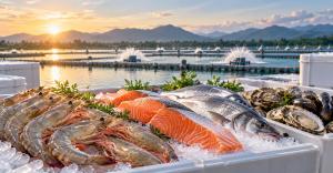 Fresh shrimp, salmon, whole fish, oysters and mussels displayed on ice in front of an aquaculture farm at sunrise, representing FishMatch Group’s global seafood marketplace connecting producers with international buyers.