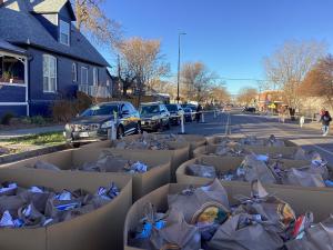 Thanksgiving baskets ready for distribution to Denver families during the 2025 Denver Feed-A-Family event