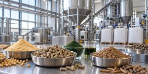 Animal feed pellets, alternative protein ingredients, algae-based nutrients and specialty feed additives displayed in a modern feed production facility, representing FeedMatch Group’s global sourcing expansion.