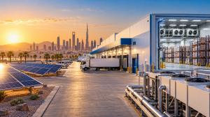 Modern industrial cold storage warehouse in a desert environment, featuring solar panels, advanced refrigeration systems and refrigerated trucks, illustrating energy-efficient cold-chain infrastructure for extreme-heat regions.